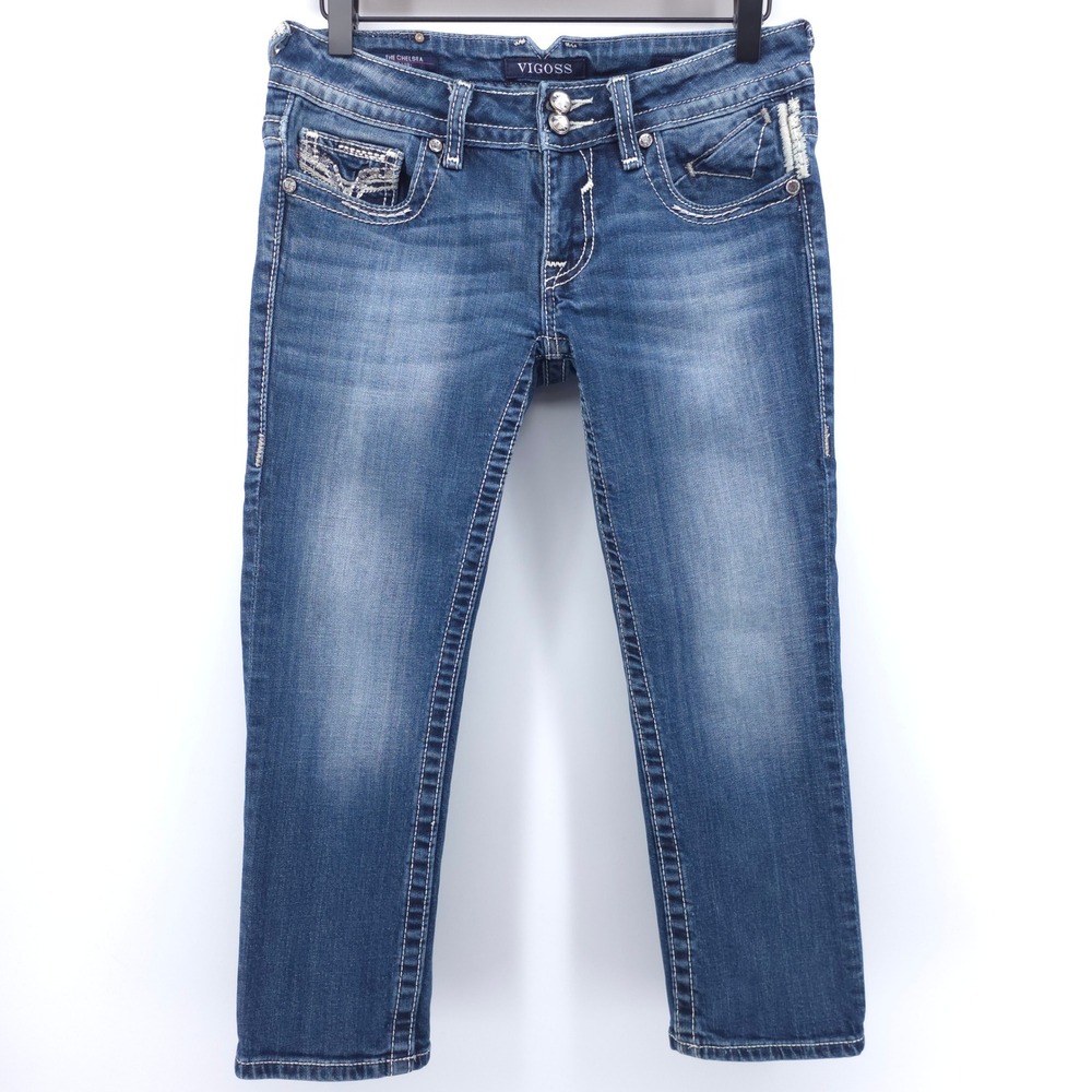 Vigoss Womens Chelsea Capri Jeans 27 Blue Rhinestone Embellished Y2K Denim
